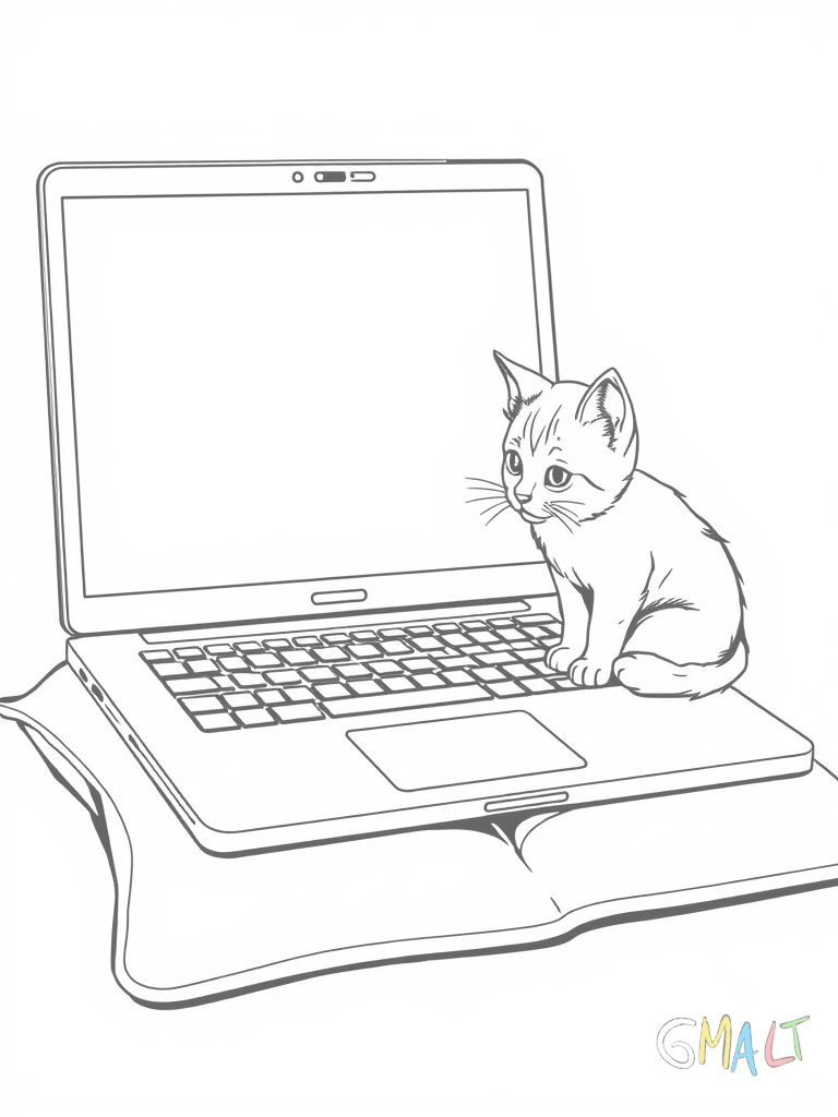 Ein Laptop liegt auf einem Kissen. Der Bildschirm ist halb geöffnet. Eine kleine Katze schaut neugierig über den Bildschirmrand.