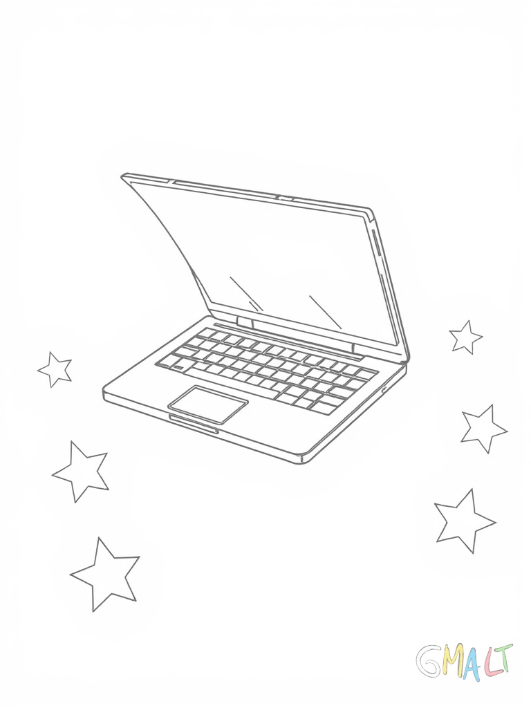 Ein Laptop schwebt in der Luft mit aufgeklapptem Bildschirm. Kleine Sterne umgeben den Laptop als dekorative Elemente.