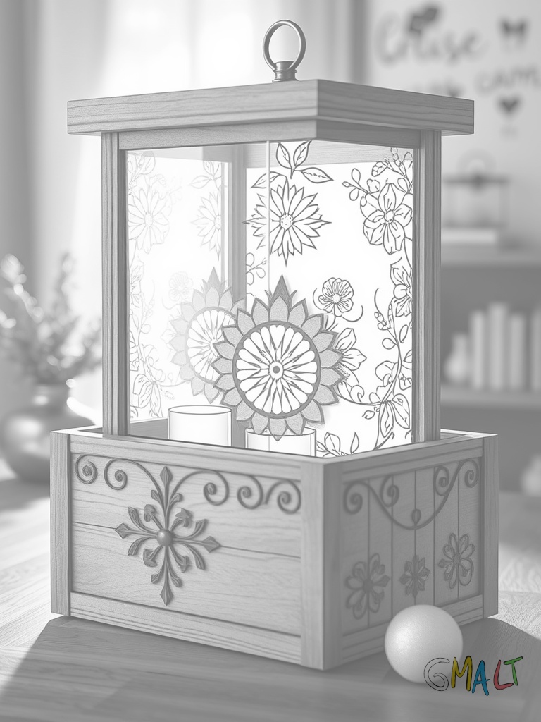 Eine große Laternenbox aus Holz mit geschnitzten Mustern steht im Vordergrund. Durch die Glasscheiben scheint warmes Licht.