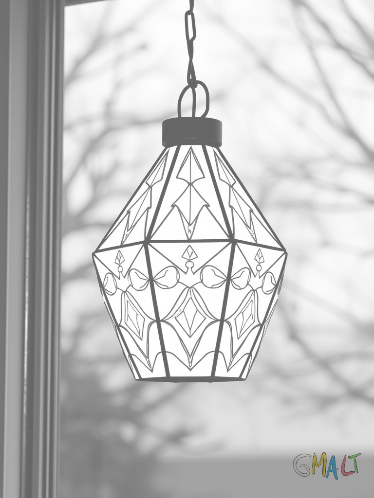 Eine moderne LED-Laterne in Pyramidenform mit geometrischen Mustern steht auf einem Fensterbrett.