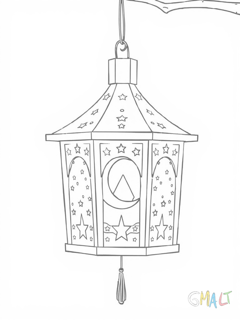 Eine klassische Martinslaterne aus Papier mit Sternen und Mond Motiven hängt an einem Holzstab. Ein kleines Teelicht brennt im Inneren.
