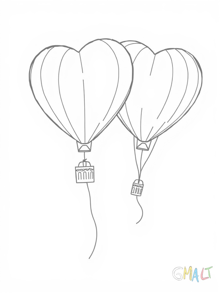 Zwei Herzluftballons schweben nebeneinander ihre Schnüre sind zu einer Schleife verknotet.
