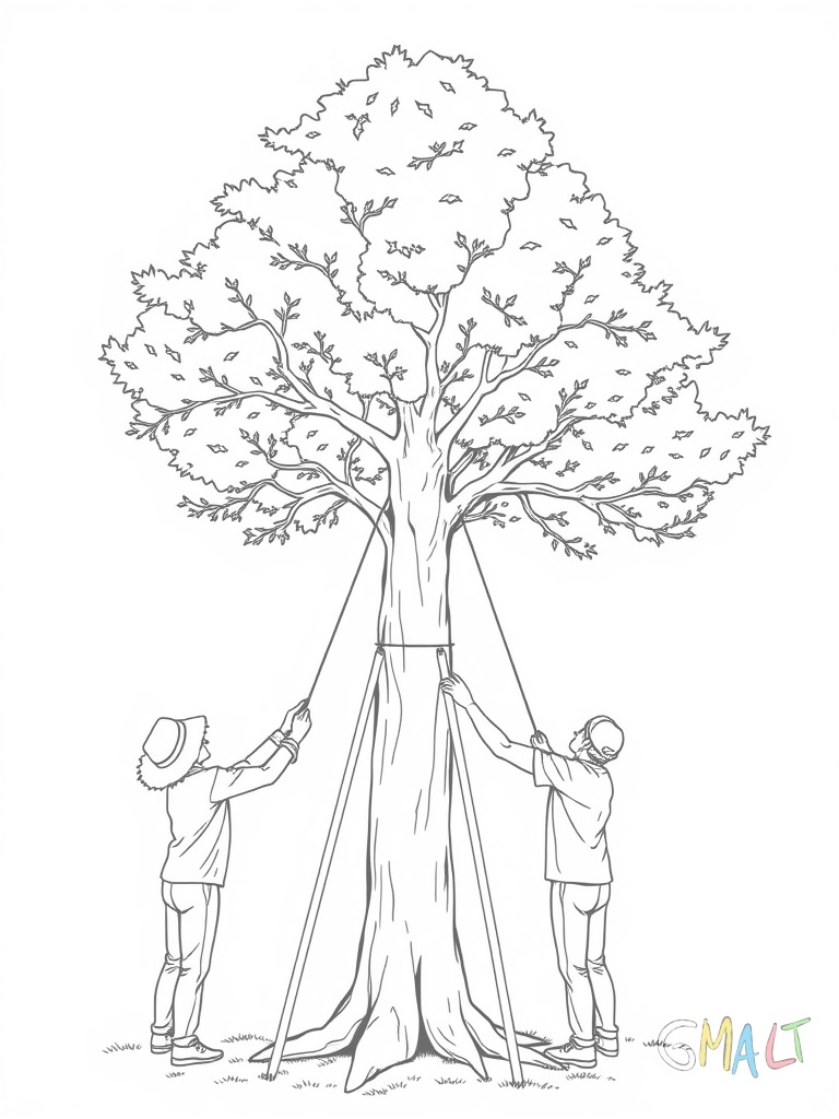 Ein Maibaum wird gerade von vier Personen mit langen Holzstangen aufgerichtet. Der Baum ist noch schräg und zeigt von der linken unteren Ecke zur rechten oberen Bildseite. Die Helfer stützen den Stamm gleichmäßig verteilt.