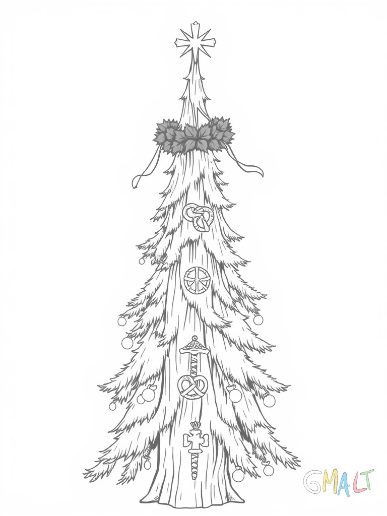 Ein hoher geschmückter Maibaum steht aufrecht in der Bildmitte. Bunte Bänder wehen von der Spitze herab. Am Baum sind traditionelle Zunftzeichen wie eine Brezel ein Hammer und eine Schere befestigt. Ein Kranz aus grünen Zweigen schmückt die Spitze.