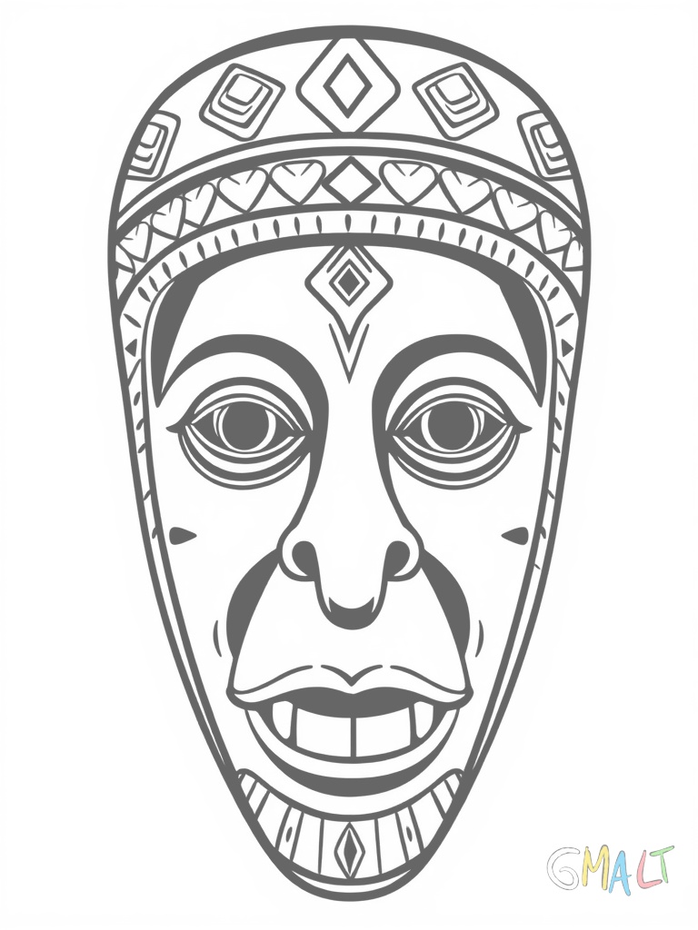 Eine afrikanische Stammesmaske mit langem ovalem Gesicht und geometrischen Mustern. Die Maske hat große runde Augen und einen rechteckigen Mund mit sichtbaren Zähnen.
