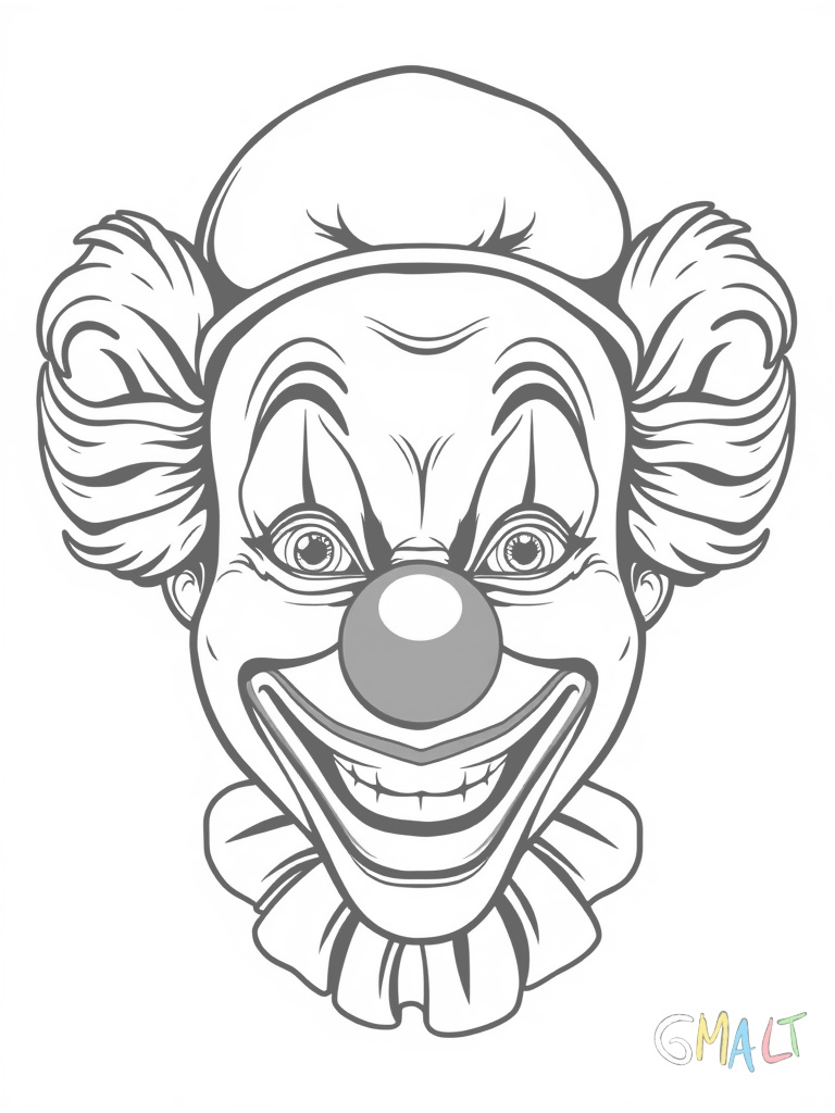 Eine lustige Clownsmaske mit roter runder Nase und bunten Wangen. Die Maske hat einen breiten lachenden Mund und buschige Augenbrauen.
