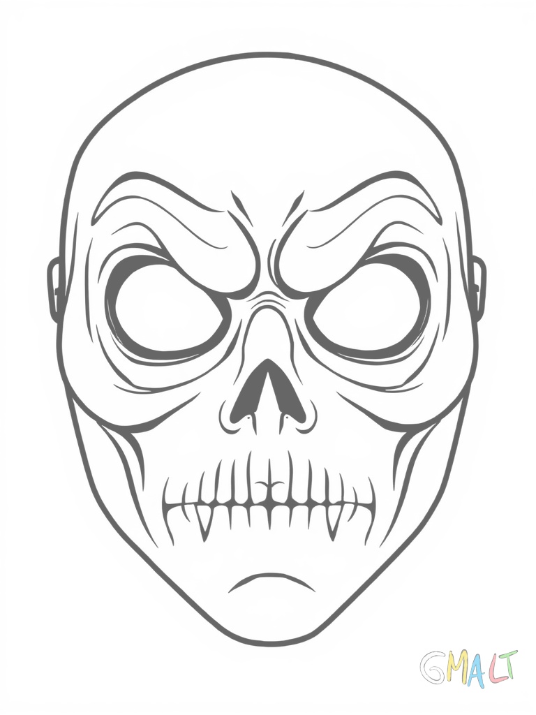 Eine gespenstische Halloween-Maske mit großen schrägen Augen und gezacktem Mund. Die Maske hat tiefe Augenhöhlen und eine runzlige Stirn.