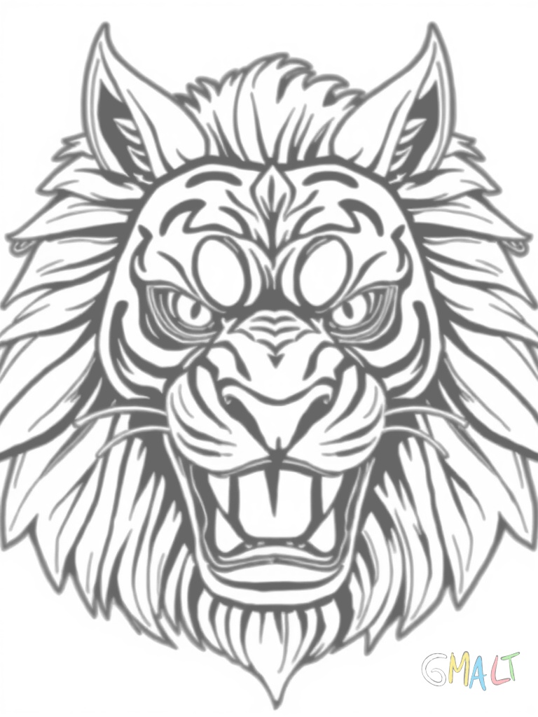 Eine majestätische Löwenmaske mit prächtiger Mähne und breiter Nase. Die Maske hat wild hochgezogene Augenbrauen und kleine spitze Ohren.