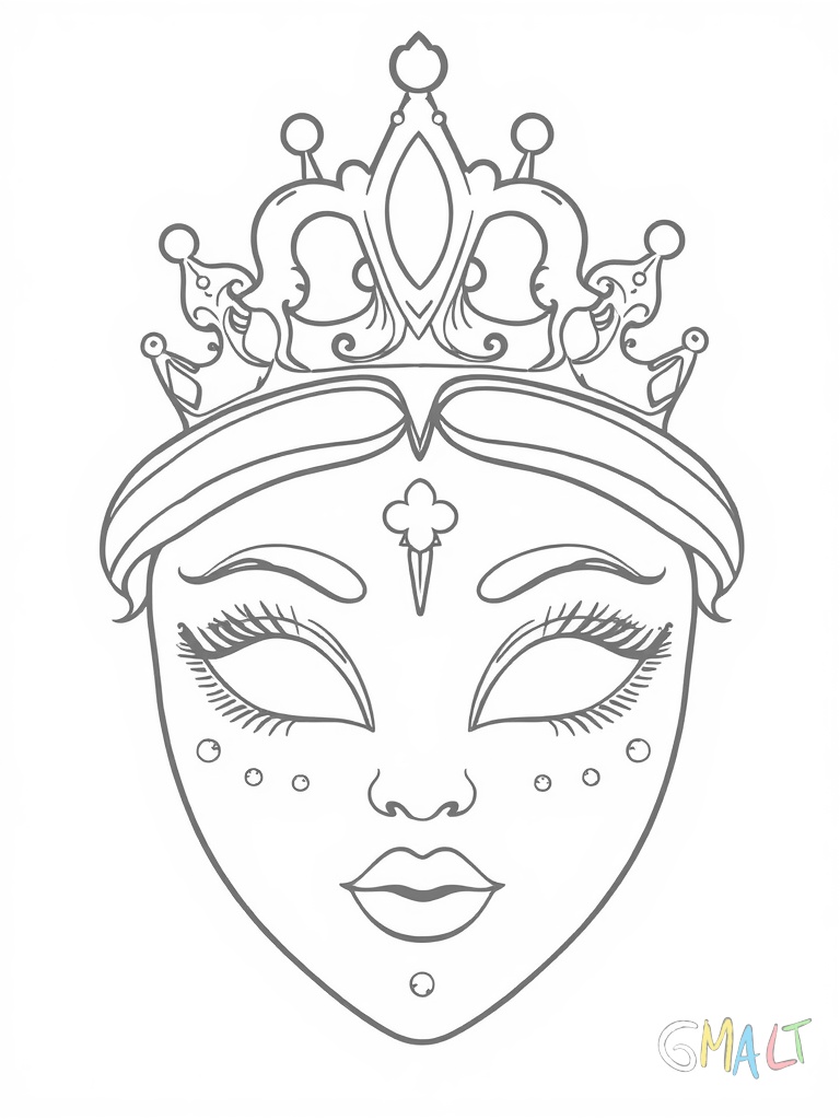 Eine glitzernde Prinzessinnenmaske mit einer kleinen Krone oben. Die Maske hat geschwungene Augenränder und kleine aufgemalte Edelsteine.