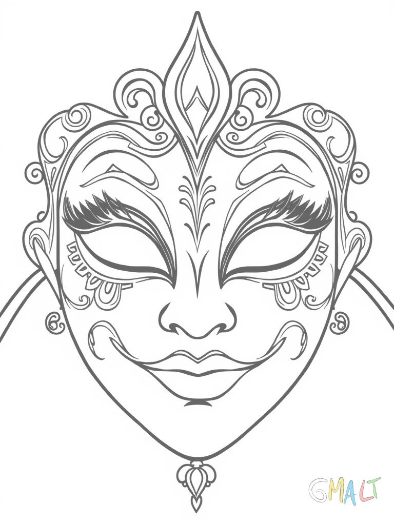 Eine fröhliche venezianische Karnevalsmaske mit geschwungener spitzer Nase und goldenen Verzierungen rund um die Augen. Die Maske hat elegant geformte Lippen und dekorative Wirbelmuster auf der Stirn.