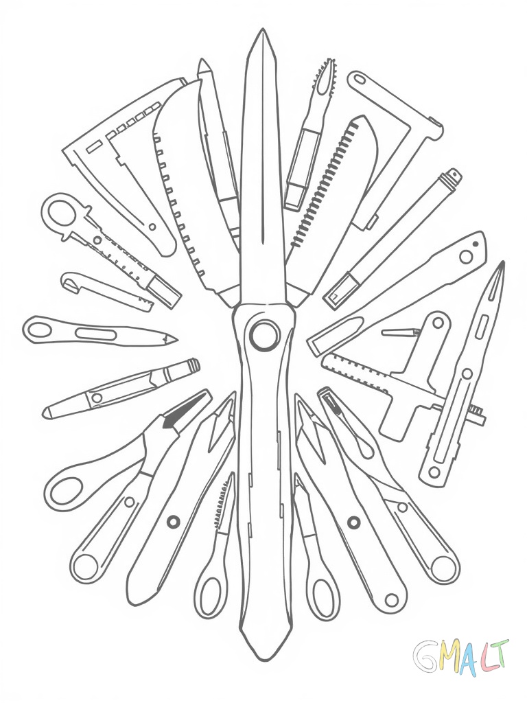 Ein Schweizer Taschenmesser präsentiert alle seine ausgeklappten Werkzeuge wie ein Fächer. In der Mitte ist die Hauptklinge zu sehen umgeben von kleineren Klingen Schere und Werkzeugen.