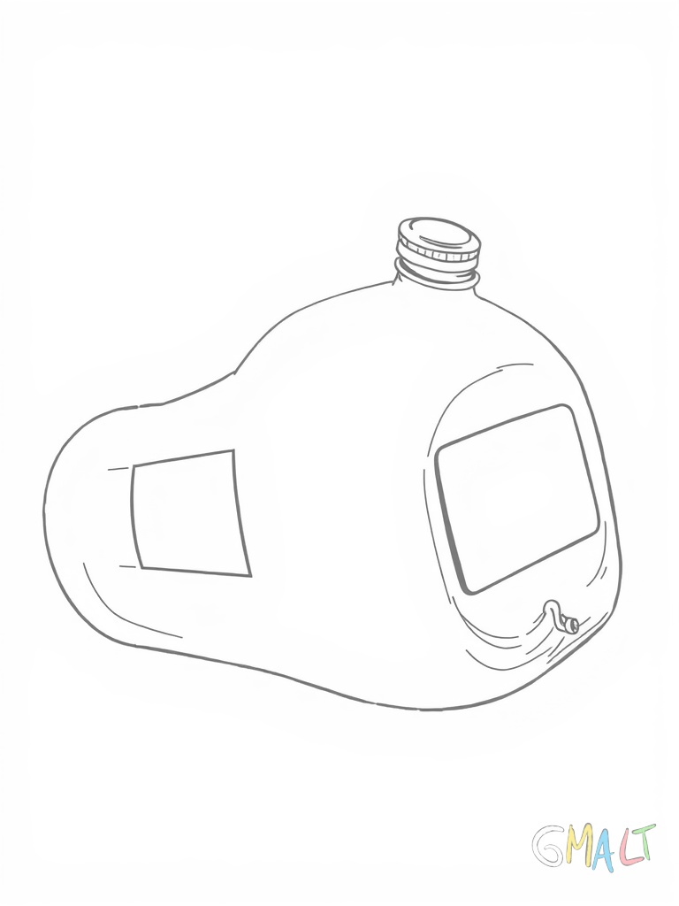 Eine große leere Plastikflasche liegt waagerecht auf der Seite. Der Schraubverschluss ist geöffnet und zeigt nach rechts. Auf der Flasche ist ein einfaches Etikett zu sehen. Die Flasche nimmt etwa zwei Drittel der Bildfläche ein.