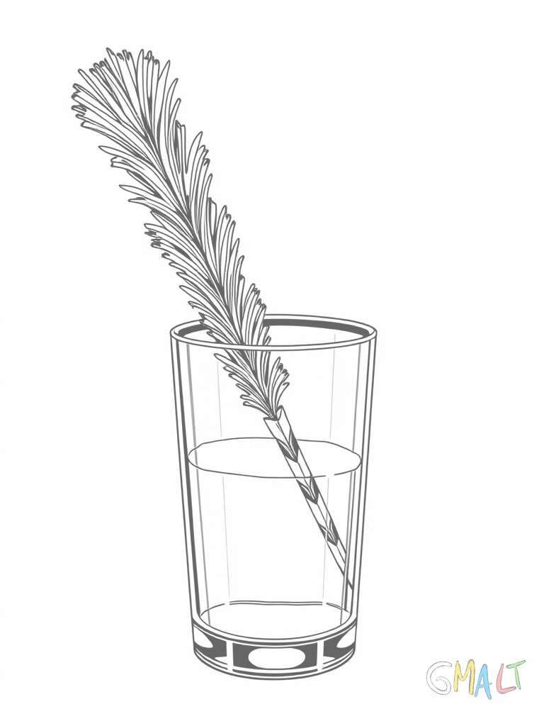 Ein Pinsel mit breiten Borsten steht in einem Glas. Das Glas ist zylindrisch und der Pinsel lehnt leicht schräg am Glasrand. Die Borsten zeigen nach unten.