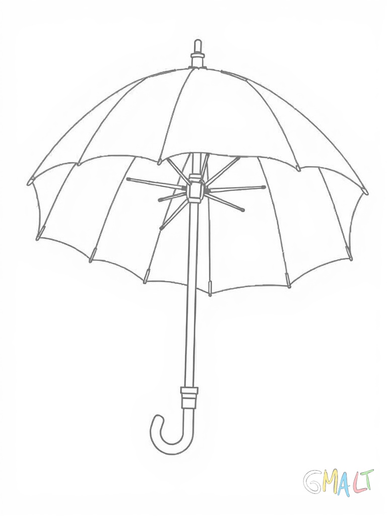 Ein automatischer Regenschirm mit geradem Griff und Druckknopf zum Öffnen. Der Schirm ist halb geöffnet sodass der Öffnungsmechanismus erkennbar ist.