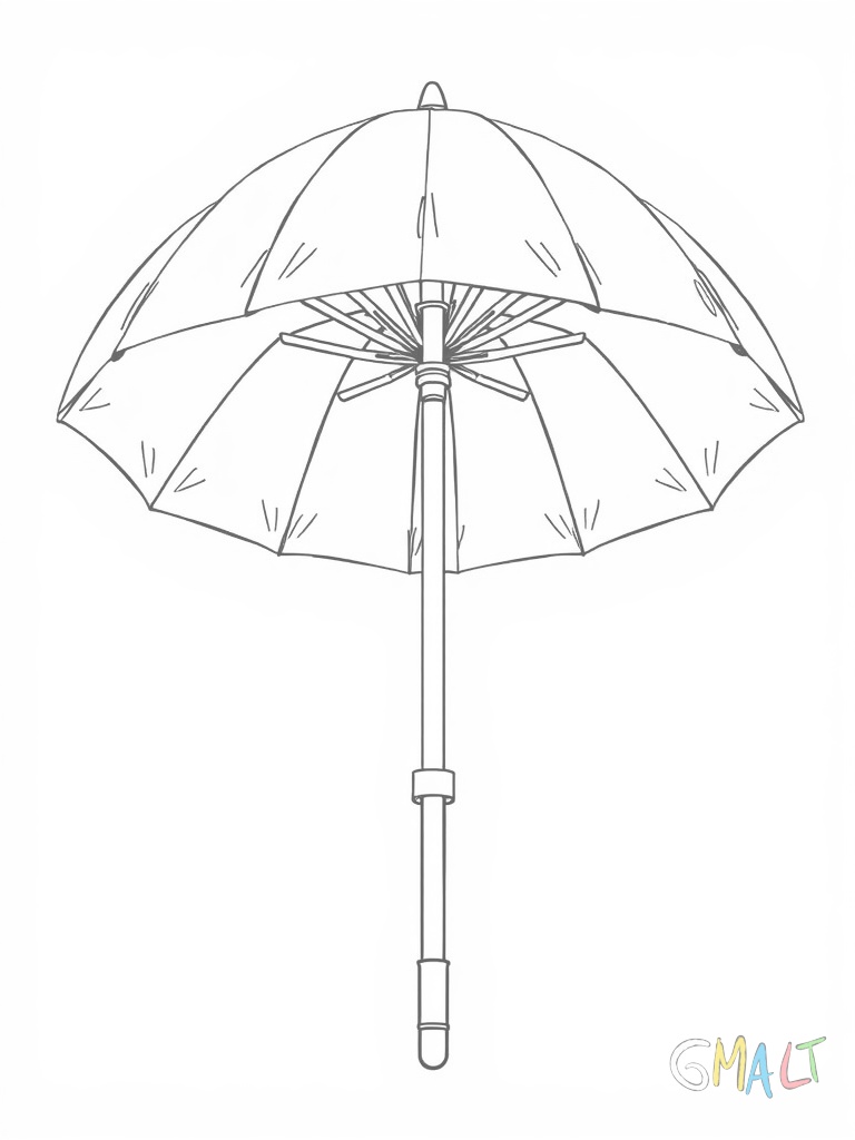 Ein aufgespannter Regenschirm wird von unten gezeigt. Die Speichenkonstruktion und der zentrale Befestigungspunkt sind gut sichtbar. Der Griff zeigt nach unten.