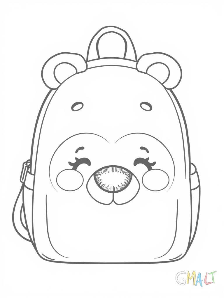 Ein kleiner Kinderrucksack mit einem aufgenähten lächelnden Bärengesicht. Die Augen sind als Knöpfe dargestellt und die Nase ist herzförmig. Die Ohren stehen als kleine Stoffzipfel ab.