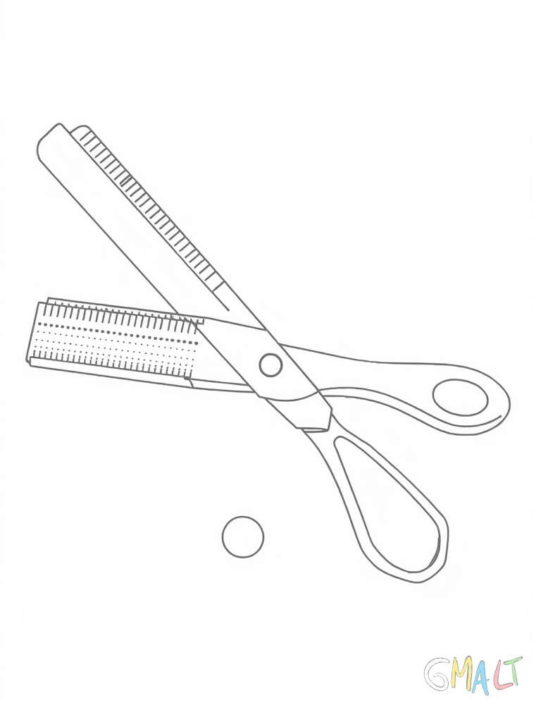 Eine Friseursschere mit schmalen langen Klingen und kleinen runden Griffen liegt horizontal. Ein Finger-Einhänger ist sichtbar.