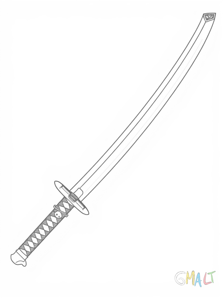 Ein Samuraischwert in seiner Scheide liegend. Das Katana hat einen typisch geschwungenen Griff mit Wicklung.