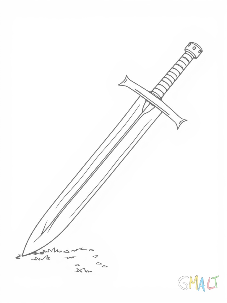 Ein zerbrochenes Schwert - die obere Hälfte der Klinge fehlt. Der untere Teil mit Griff liegt auf dem Boden.