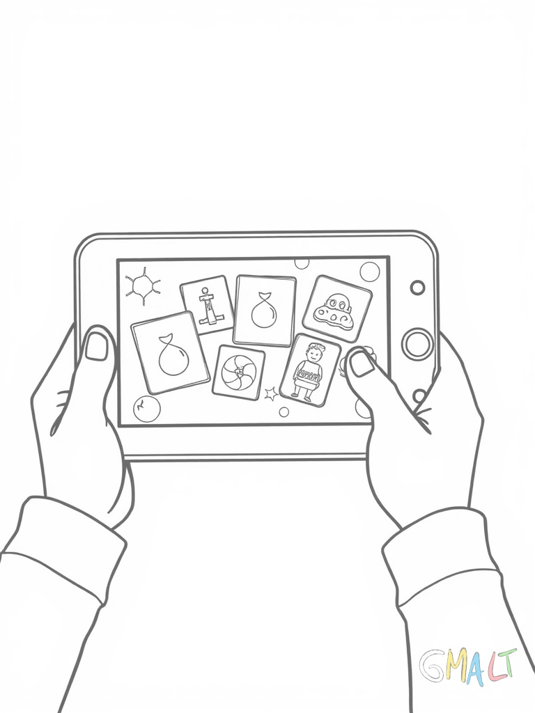 Ein Tablet wird von zwei Kinderhänden waagerecht gehalten. Auf dem Bildschirm sind große Spielkarten zu sehen. Die Power- und Lautstärke-Buttons sind an der Seite erkennbar.