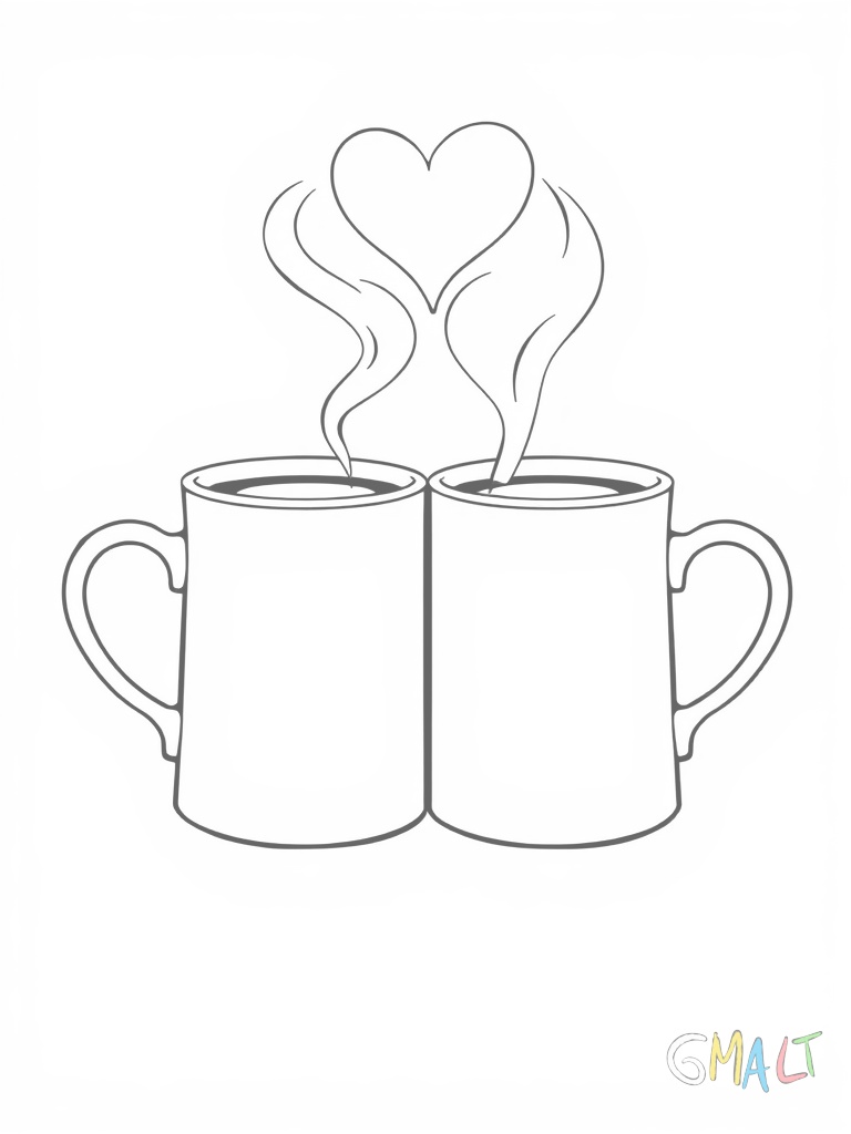 Zwei identische Kaffeetassen stehen sich gegenüber sodass ihre Henkel ein Herz formen. Die Tassen sind schlicht und elegant gestaltet.