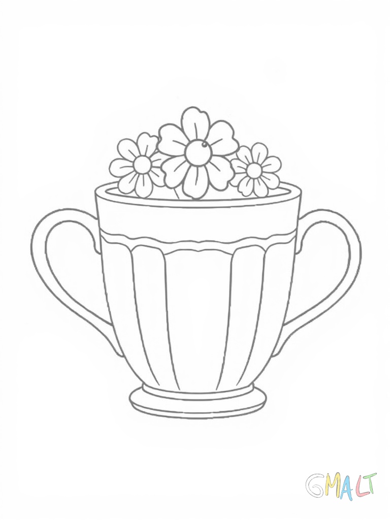 Eine breite Suppentasse mit zwei seitlichen Griffen steht auf einem schlichten Unterteller. Am oberen Rand der Tasse sind drei kleine Blumen als Verzierung zu sehen.