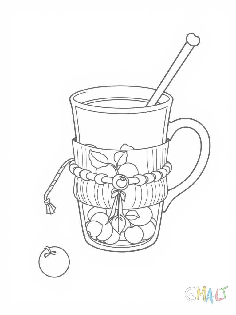 Eine große Früchteteetasse mit weiter Öffnung wird von einem Teebeutel und dessen Faden dekoriert. Am Rand lehnt ein Teelöffel.