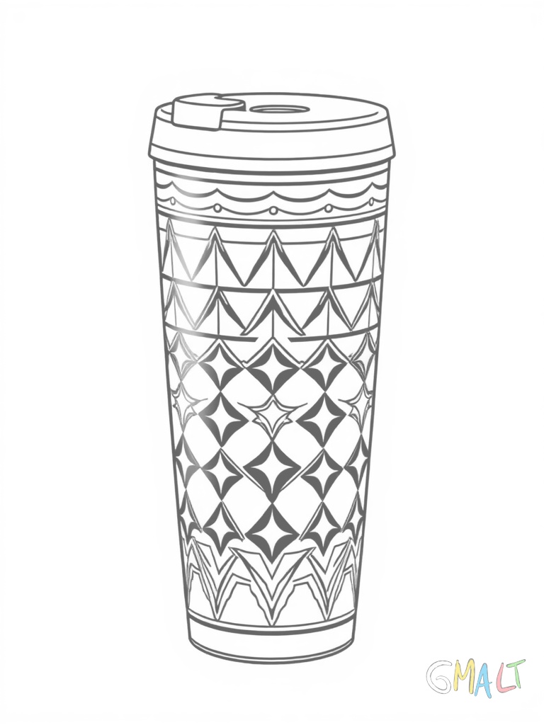 Eine hohe schlanke Thermotasse mit Schraubdeckel steht aufrecht. Der Deckel hat eine kleine Trinköffnung und die Tasse zeigt moderne geometrische Muster.