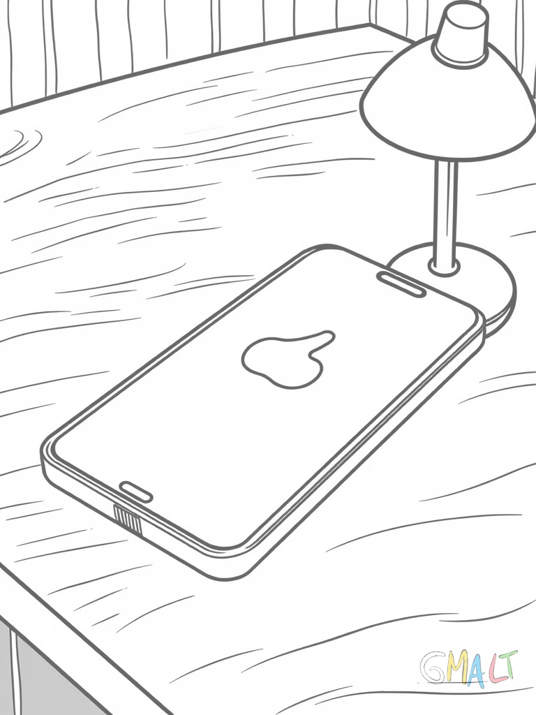 Ein modernes Smartphone liegt flach auf einem Tisch. Der große Bildschirm zeigt ein einfaches App-Symbol. Daneben steht eine kleine Tischlampe.