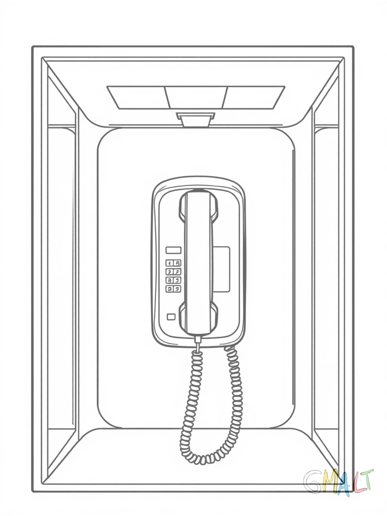 Ein öffentlicher Telefonhörer in einer quadratischen Telefonzelle. Die Glastüren stehen offen und das Telefon hängt an seiner Halterung an der Rückwand.