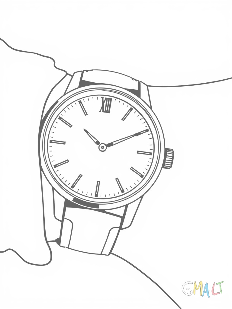Eine elegante Armbanduhr mit rundem Ziffernblatt liegt auf ihrer Seite. Das Armband ist leicht geschwungen ausgebreitet. Die Zeiger zeigen 10:10 Uhr und kleine Stundenmarkierungen schmücken das Ziffernblatt.