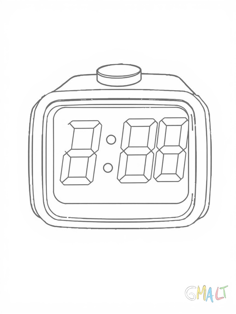 Eine moderne Digitaluhr mit rechteckigem Display. Die Zahlen werden als LED-Segmente dargestellt. Ein kleiner Wecker-Button ist auf der Oberseite zu sehen.