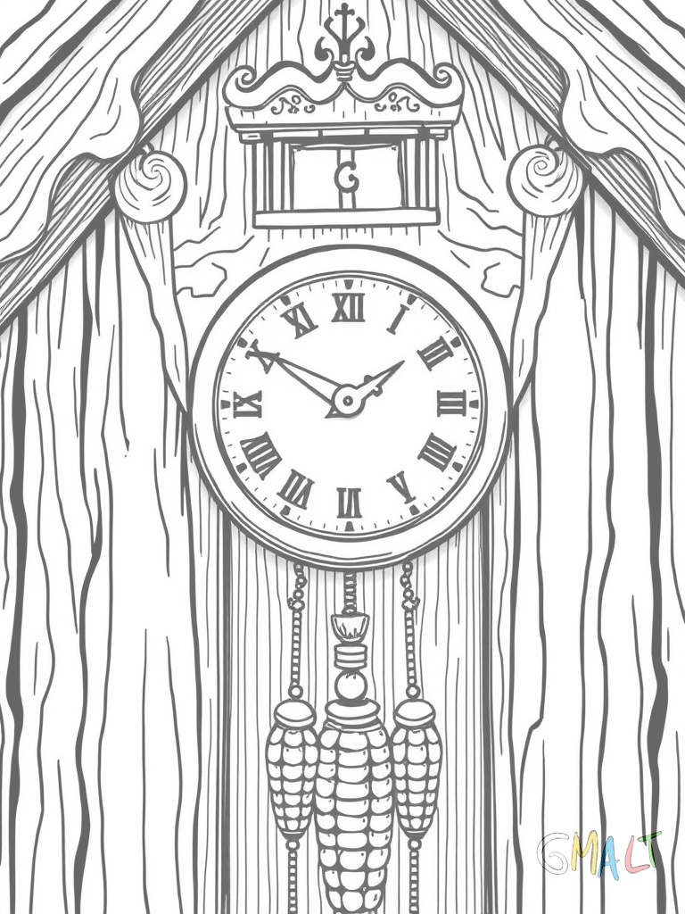 Eine große Kuckucksuhr mit geschnitztem Holzgehäuse. Zwei kleine Türen über dem Ziffernblatt sind geschlossen. Tannenzapfen-förmige Gewichte hängen an Ketten unter der Uhr.