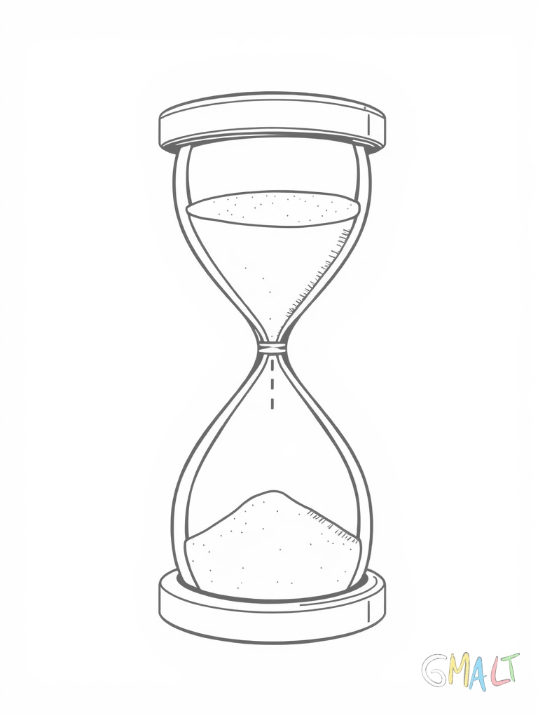 Eine Sanduhr steht aufrecht. Der obere Glaskörper ist halb leer während der Sand in den unteren Teil rieselt. Die Verbindung zwischen den Glaskolben ist schmal.