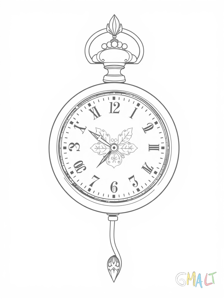 Eine Taschenuhr an einer langen Kette. Der verzierte Deckel ist geöffnet und zeigt das Ziffernblatt mit filigranen Zeigern. Die Kette bildet eine geschwungene Linie.