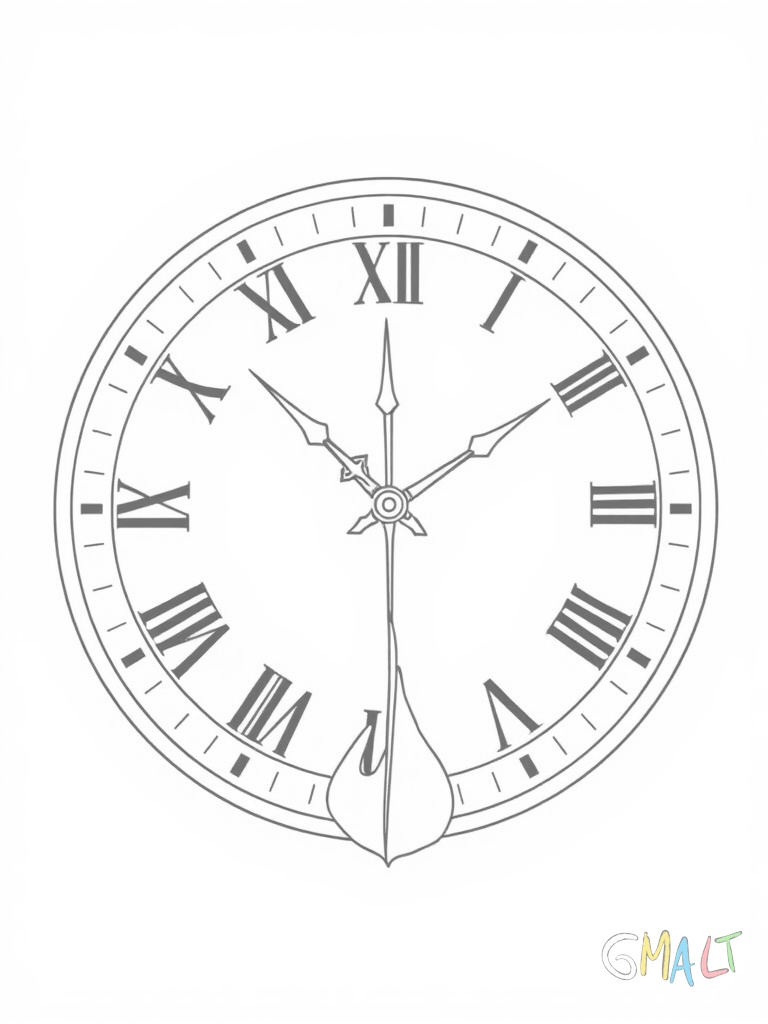 Eine große runde Wanduhr mit römischen Ziffern zeigt genau 12 Uhr. Der Minutenzeiger und der Stundenzeiger stehen beide auf der 12. Ein geschwungener Pendel hängt mittig unter dem Ziffernblatt.