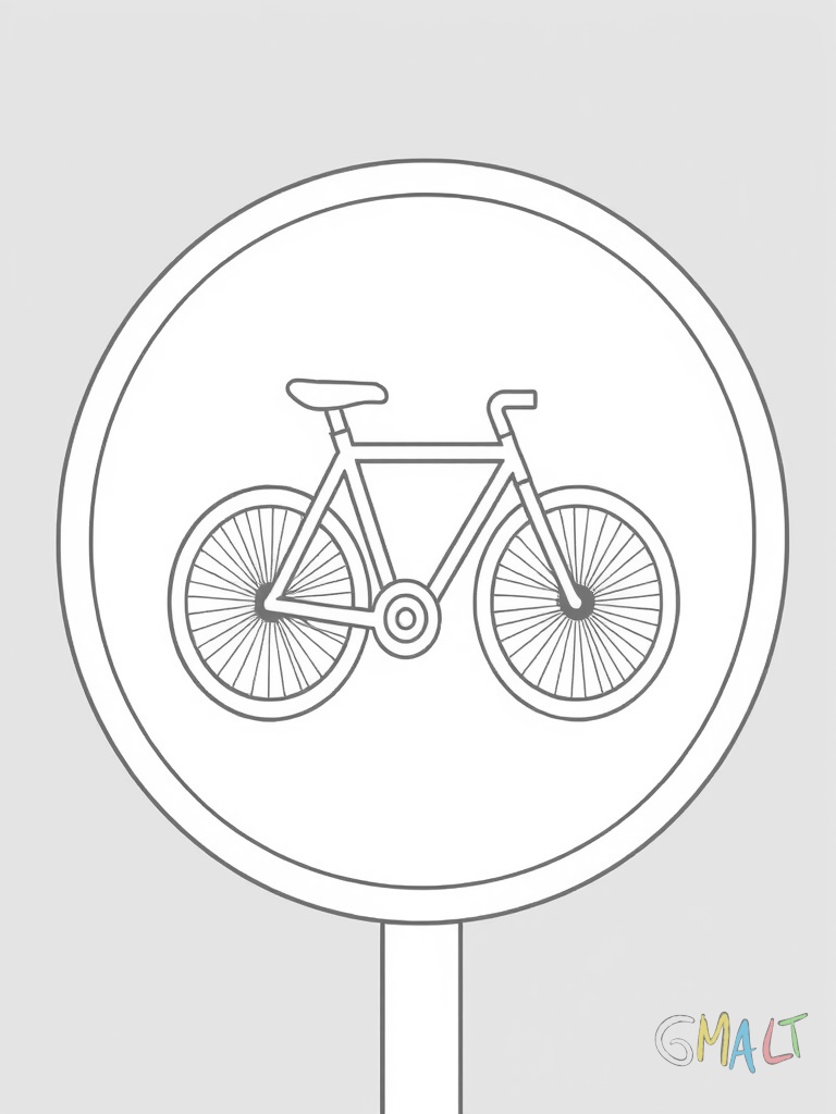 Ein rundes Fahrradschild mit blauem Hintergrund und weißem Fahrrad-Symbol ist leicht nach rechts gedreht. Der schlanke Metallpfosten steht stabil im Boden.