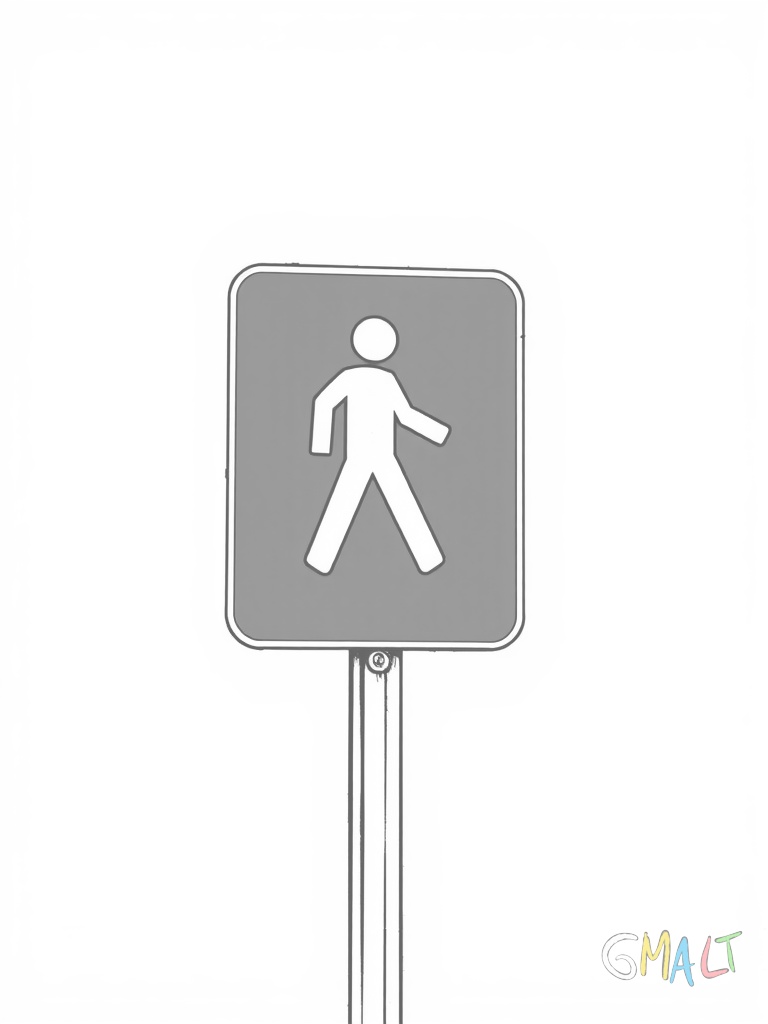 Ein rechteckiges blaues Fußgängerschild mit weißem Symbol einer gehenden Person ist mittig platziert. Der Metallpfosten steht senkrecht und ragt aus dem unteren Bildrand.
