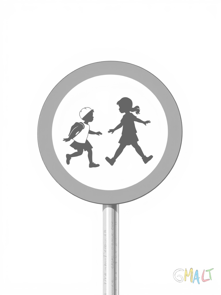 Ein dreieckiges Spielstraßen-Schild mit rotem Rand zeigt spielende Kinder in schwarzer Silhouette. Das Schild steht aufrecht auf einem geraden Metallpfosten.