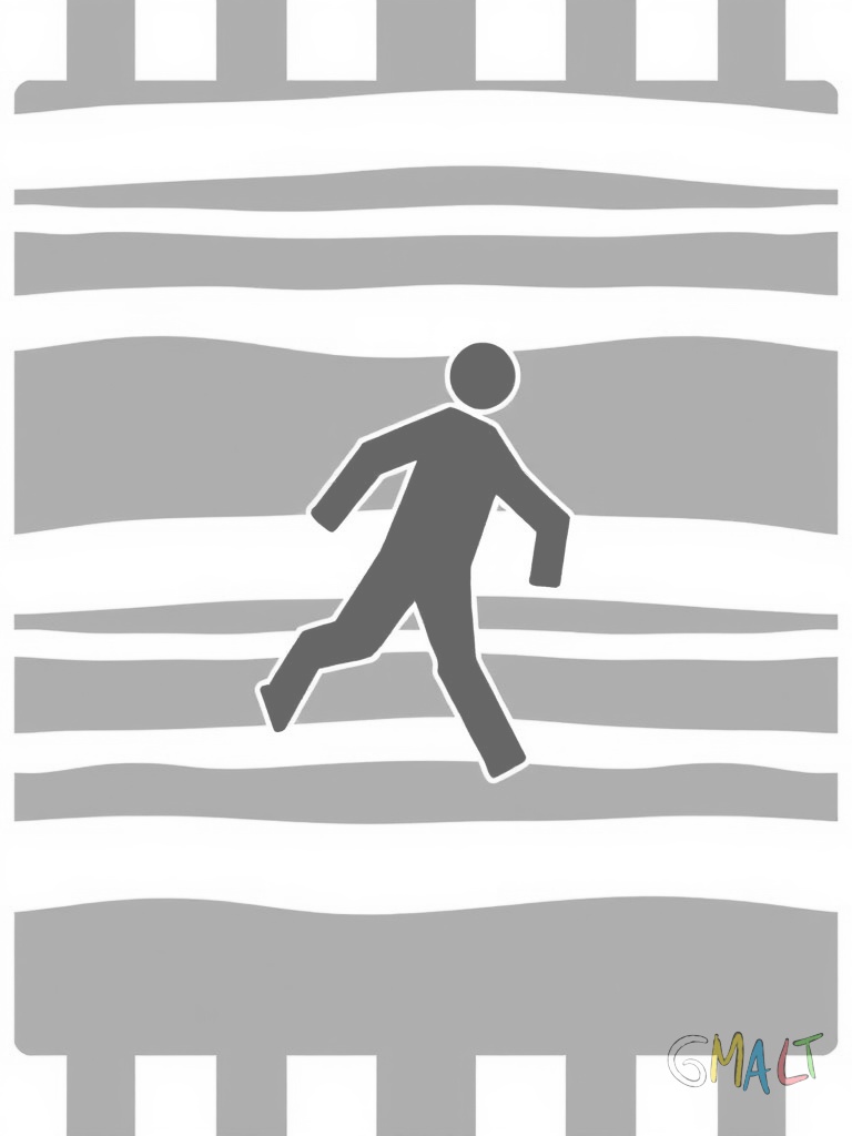 Ein quadratisches Zebrastreifen-Schild mit blauem Hintergrund zeigt weiße Streifen und eine schwarze Fußgängerfigur. Der Pfosten ist gerade ausgerichtet.