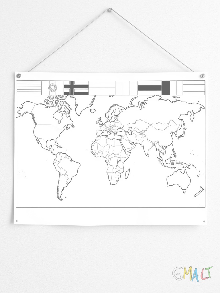 Eine Weltkarte hängt an einer angedeuteten Wand. Darauf sind verschiedene Flaggen der Länder als einfache Rechtecke mit typischen Mustern zu sehen. Die Kontinente sind durch klare Linien getrennt und die Ozeane bleiben weiß.