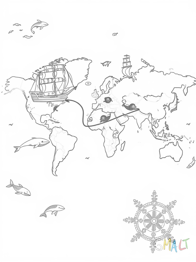 Eine klassische Weltkarte wird von zwei sich kreuzenden Schiffsrouten durchzogen. An den Routenenden befinden sich kleine Piratenschiffe. In den Ozeanen sind verschiedene Meerestiere wie Wale und Delfine verteilt. Eine verzierte Windrose ziert die untere rechte Ecke.