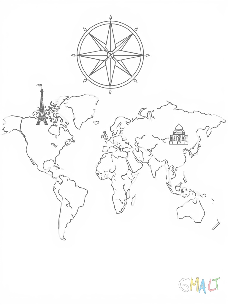 Eine große Weltkarte mit deutlich sichtbaren Kontinenten nimmt die Bildmitte ein. Darauf sind wichtige Sehenswürdigkeiten als kleine Symbole eingezeichnet: Der Eiffelturm in Europa der Taj Mahal in Asien und die Freiheitsstatue in Nordamerika. Ein Kompass mit großem Nordpfeil schmückt die obere linke Ecke.