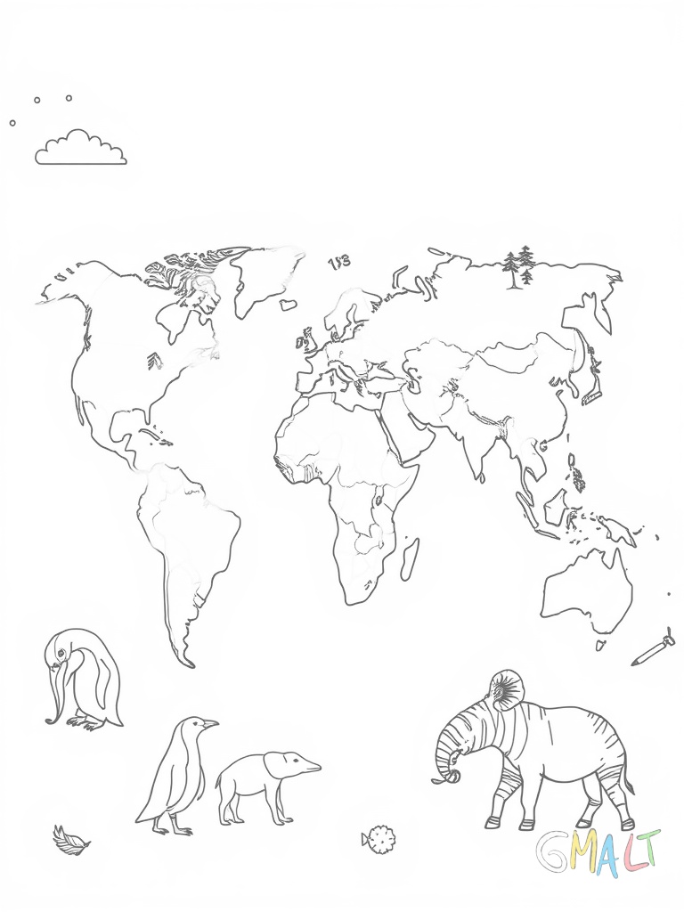 Eine Weltkarte mit großen vereinfachten Klimazonen. Wüsten sind mit Palmen markiert Berge mit Dreiecken und Wälder mit einfachen Bäumen. Verschiedene Tiere wie Pinguine Elefanten und Kängurus stehen in ihren jeweiligen Lebensräumen.