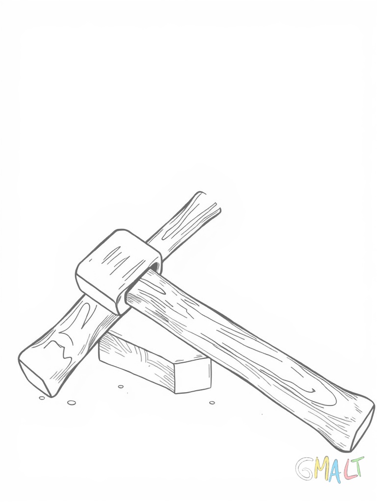 Ein großer Hammer liegt waagerecht in der Bildmitte. Der Hammerkopf zeigt nach links mit einem stabilen Holzgriff der nach rechts verläuft. Der Hammer hat eine klassische Form mit quadratischem Kopf und Nagelklaue.