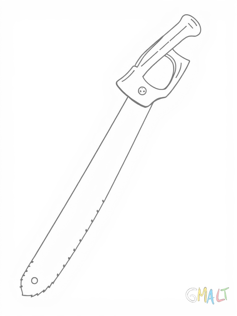 Eine Säge steht diagonal im Bild. Der gezackte Sägeblatt verläuft von links oben nach rechts unten. Der ergonomische Handgriff befindet sich am oberen Ende. Die Sägezähne sind gleichmäßig und deutlich erkennbar.