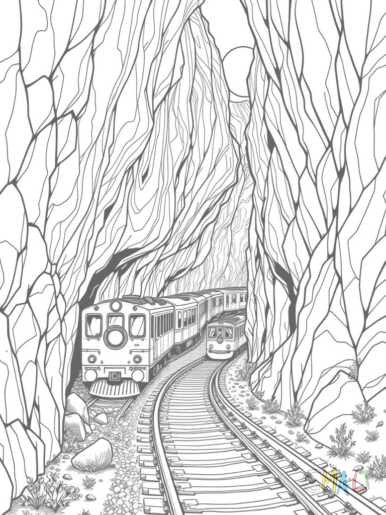 Eine Achterbahn die durch einen künstlichen Berg führt. Der Zug verschwindet gerade in einer dunklen Höhle während ein anderer auf der anderen Seite wieder herauskommt.