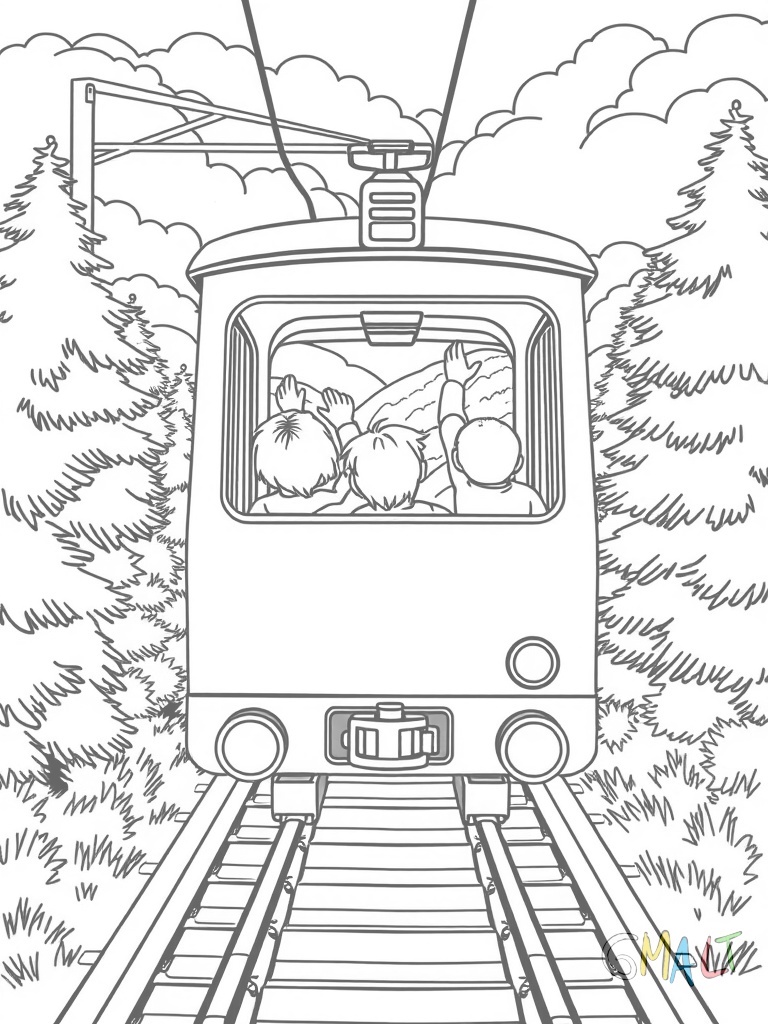 Ein Achterbahnzug aus der Frontansicht auf der höchsten Stelle der Bahn. Drei Kinder sitzen im vorderen Wagen und schauen aufgeregt nach unten. Die Schienen führen steil nach unten.