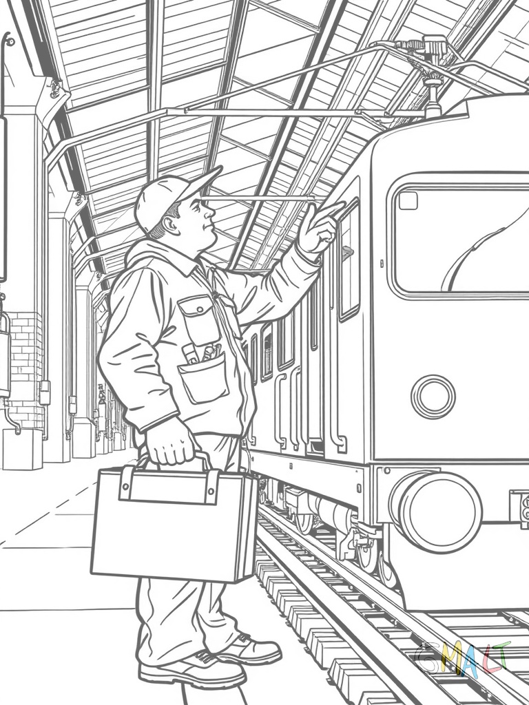 Ein Mechaniker überprüft einen Achterbahnwagen in der Station. Er hält einen Werkzeugkoffer in der Hand und beugt sich über die Räder. Kontrolllampen leuchten an der Seite.