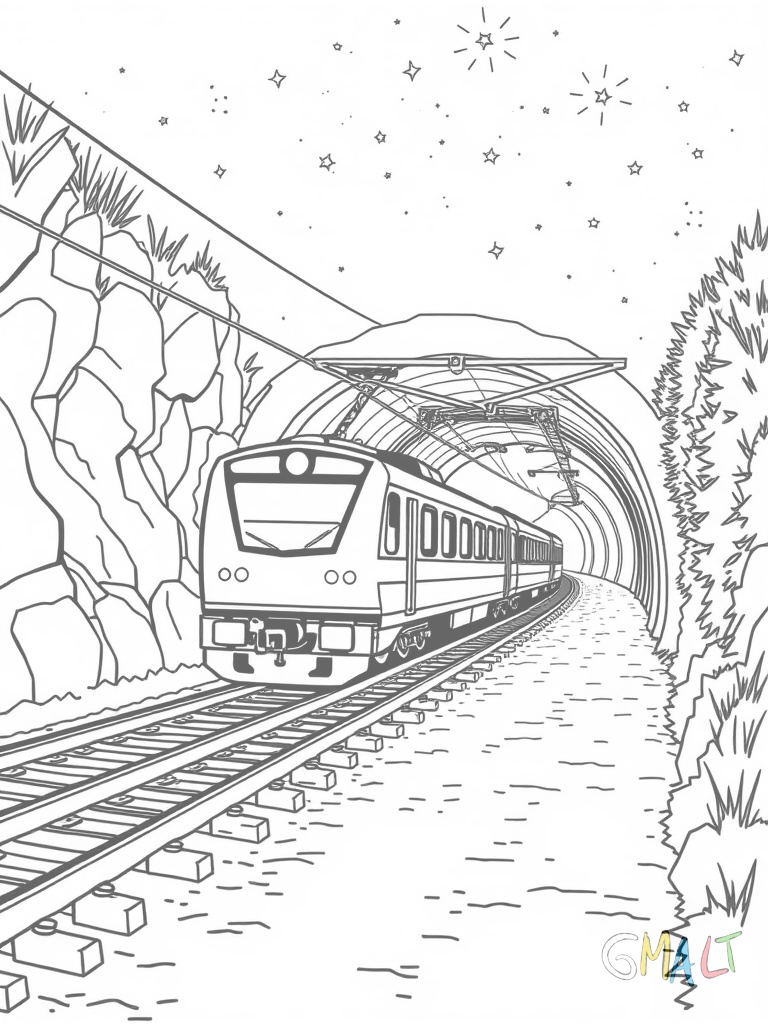 Eine Achterbahn bei Nacht mit vielen kleinen Lichtern entlang der Schienen. Der Zug fährt durch einen hell erleuchteten Tunnel. Sterne funkeln am oberen Bildrand.